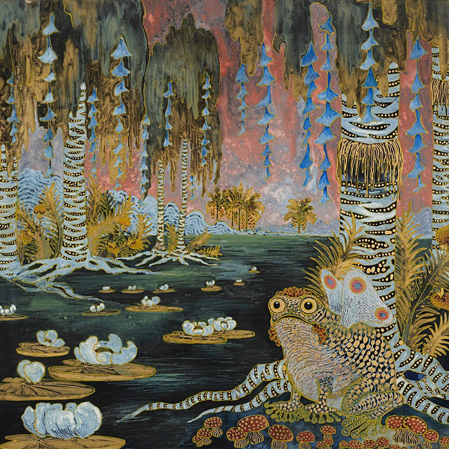 Jeweled toad amid glowing bluebells and striped tree trunks, fairy-tale spring scene by Michalina Janoszanka