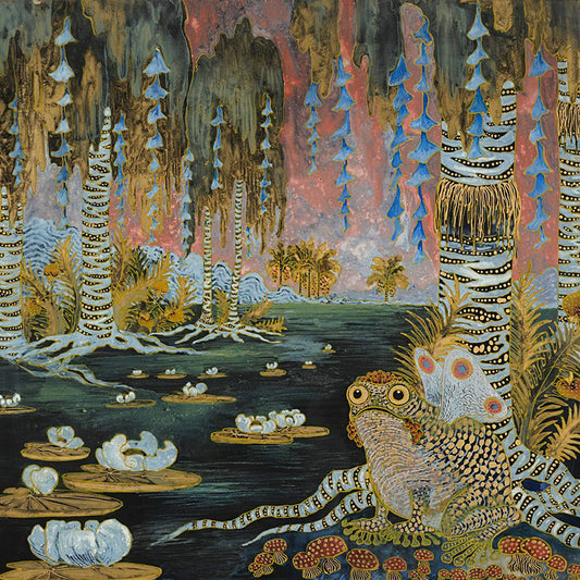 Jeweled toad amid glowing bluebells and striped tree trunks, fairy-tale spring scene by Michalina Janoszanka