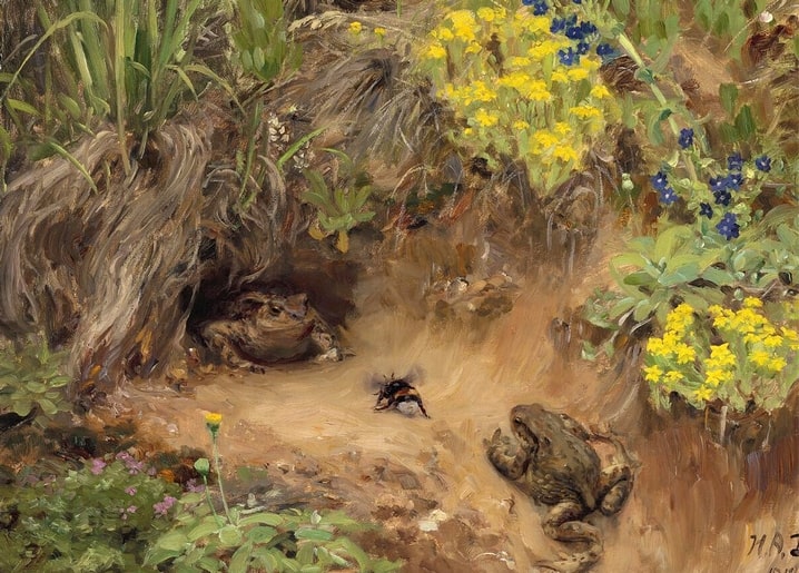 Two toads and a bumblebee among yellow primroses and blue forget-me-nots, painting by Brendekilde