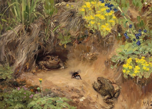 Two toads and a bumblebee among yellow primroses and blue forget-me-nots, painting by Brendekilde