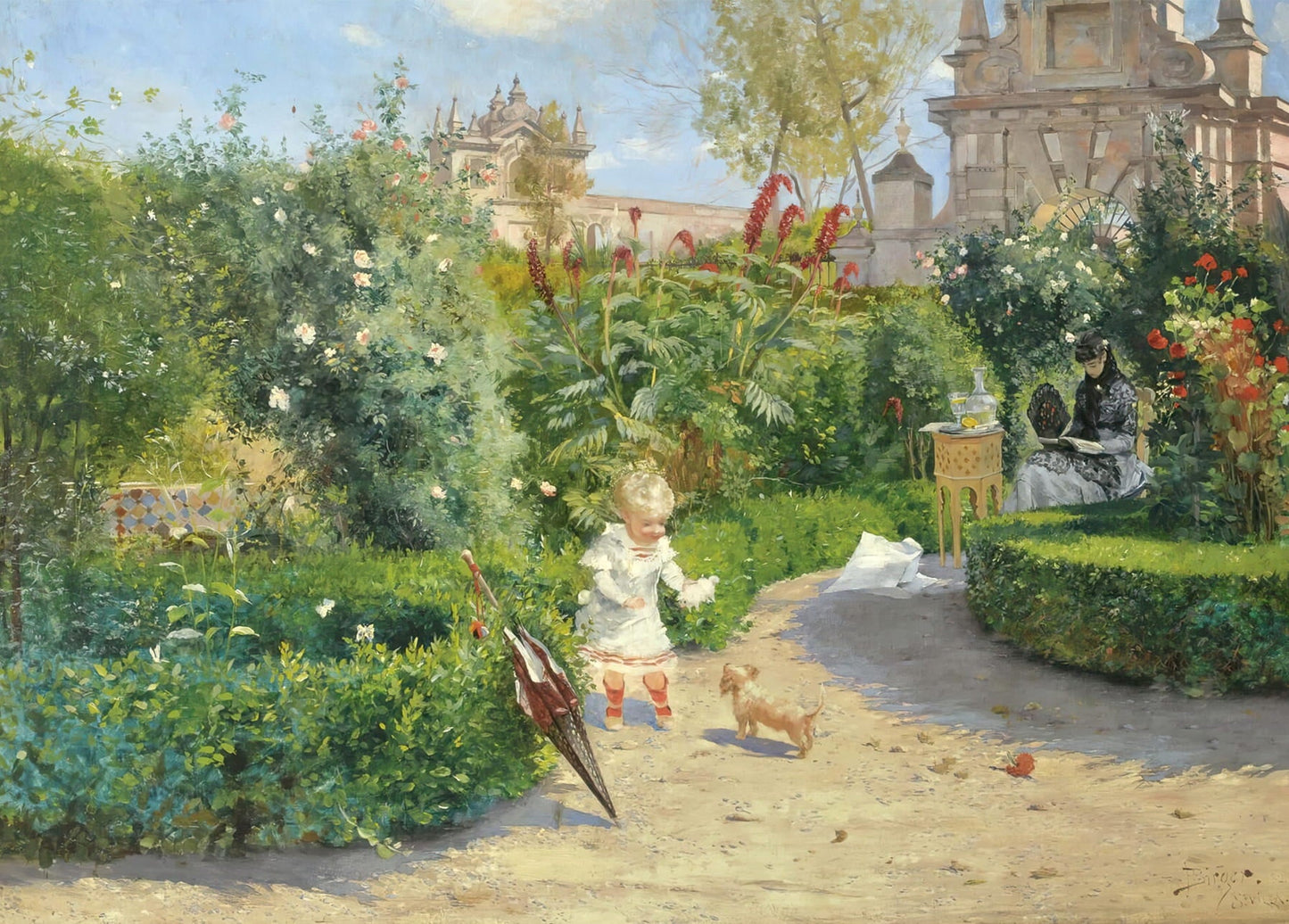 Toddler in a white dress with a small dog on a garden path in the Murillo Gardens, Seville, painting by Hugo Birger
