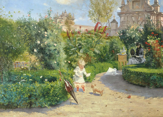 Toddler in a white dress with a small dog on a garden path in the Murillo Gardens, Seville, painting by Hugo Birger