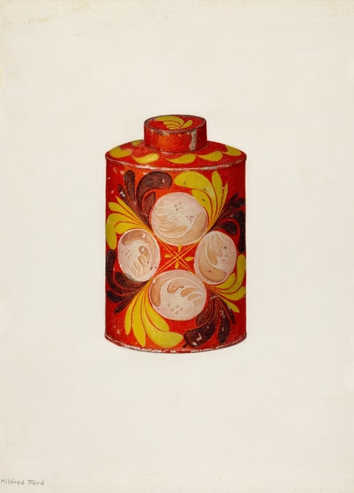 Illustration of a red toleware tea caddy with yellow and dark folk-art floral decoration