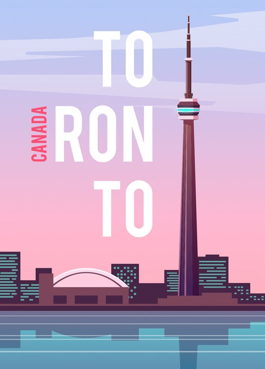 Retro-Reiseposter mit Toronto-Skyline und CN Tower bei Dämmerung
