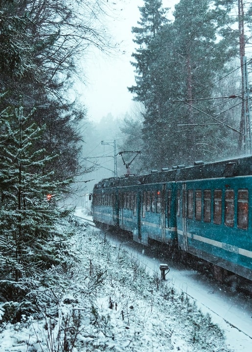 Teal train travels through a snow-covered pine forest during snowfall