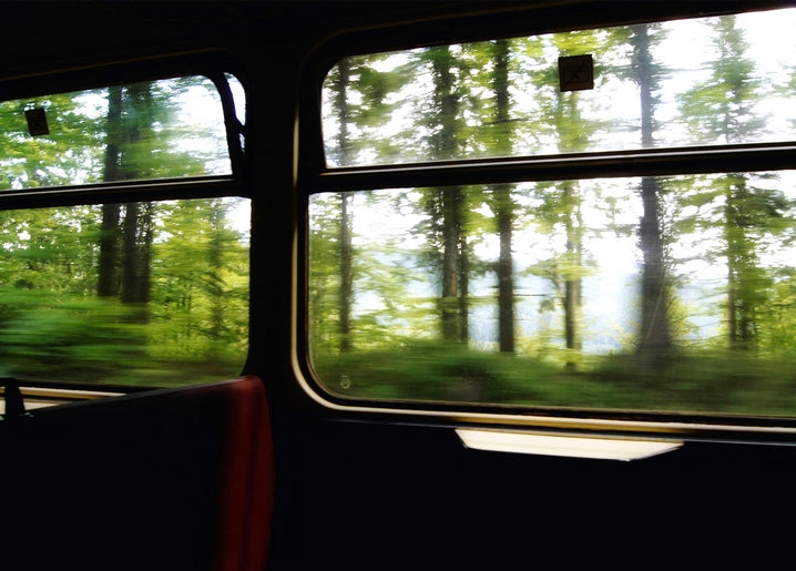 Blurred forest view from a train window with a red seat