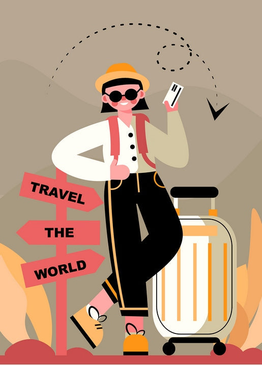Illustrierte Reisende mit Koffer und Bordkarte vor einem Wegweiser „Reise um die Welt“