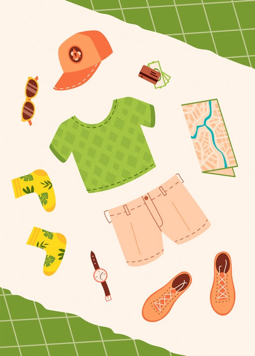 Flat lay of travel gear: cap, sunglasses, plaid shirt, shorts, patterned socks, watch, boots, map, and wallet.