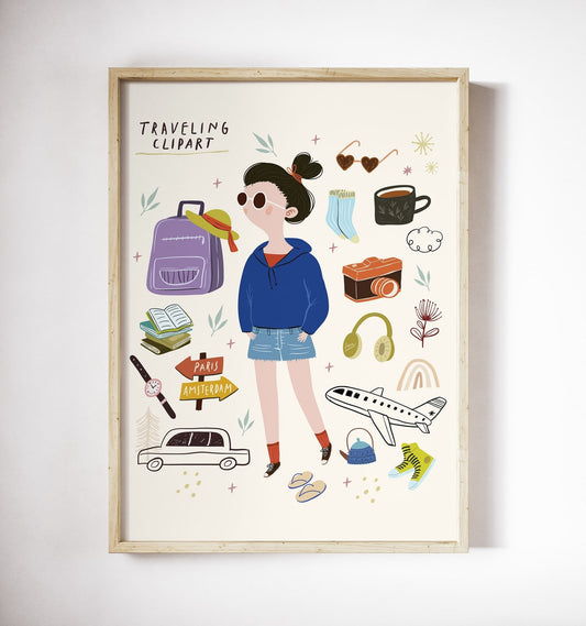 Traveling Clipart poster in a wood frame showing travel icons and a girl with a suitcase
