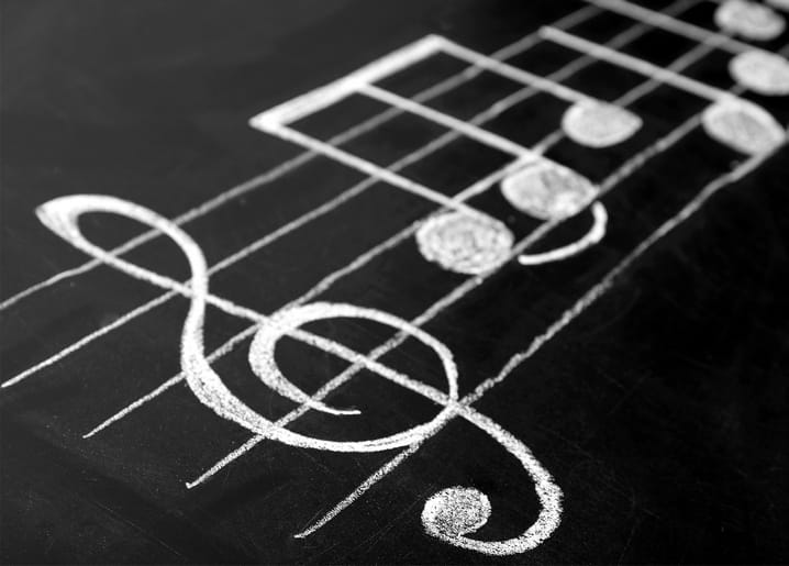Treble clef and music notes drawn in white chalk on a blackboard