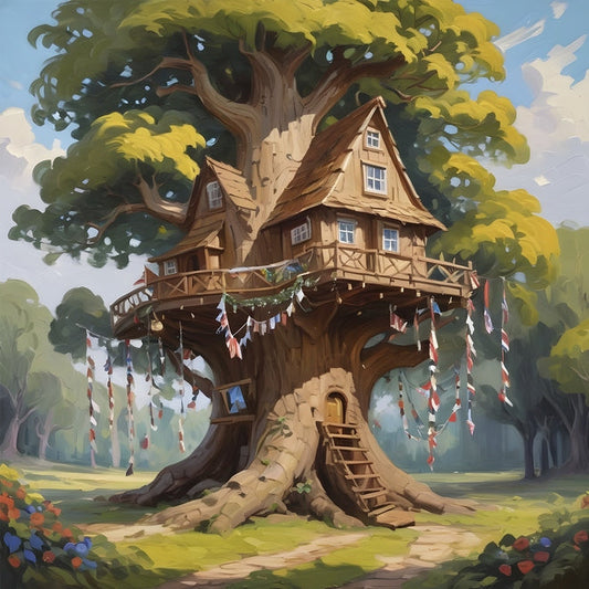 Illustration eines fantasievollen Baumhauses in einem alten Baum mit Leiter und Wimpelkette