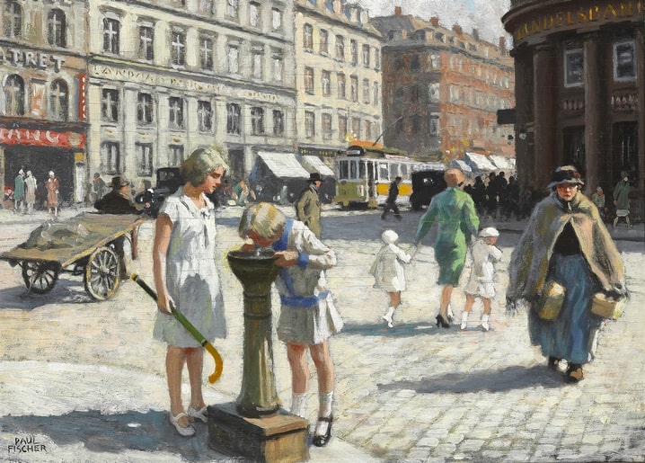 Paul Gustave Fischer painting: girls at a street fountain on Trianglen, Copenhagen, tram behind