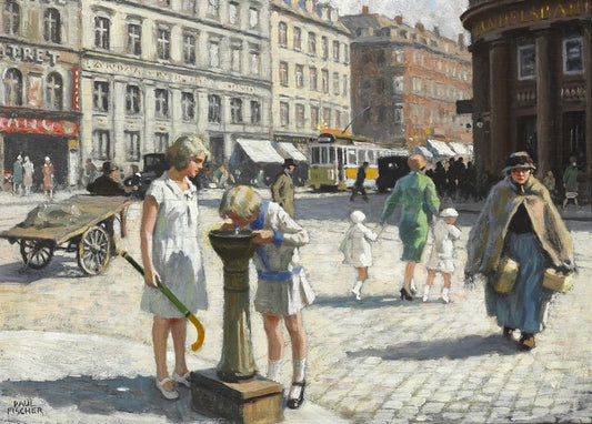 Paul Gustave Fischer painting: girls at a street fountain on Trianglen, Copenhagen, tram behind