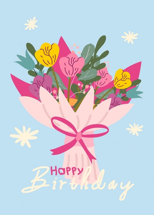 Illustrated pink and yellow tulip bouquet with a ribbon bow and Happy Birthday text on blue background
