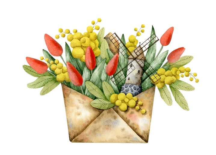 Watercolor kraft envelope with red tulips, yellow mimosa, and a windmill