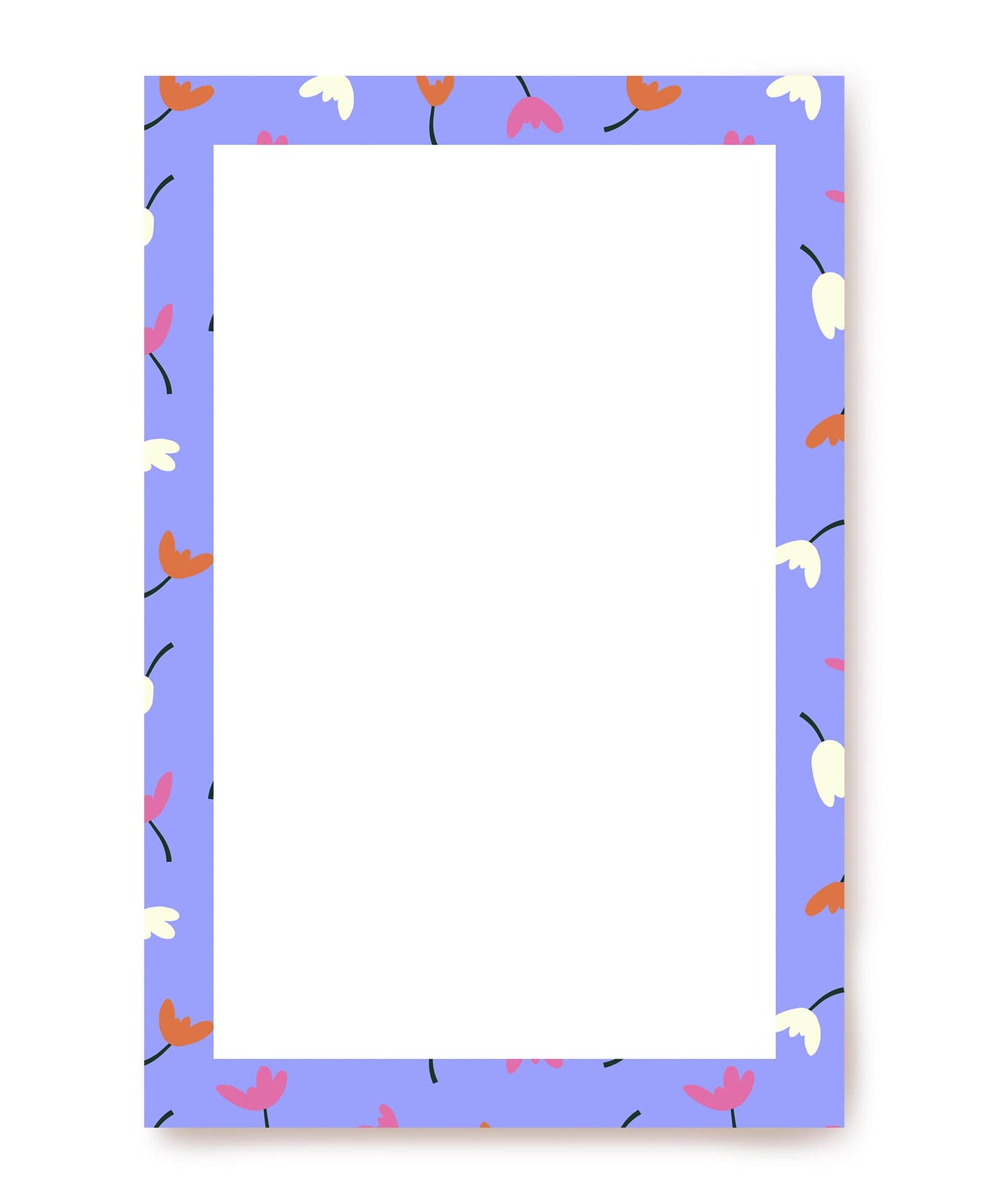 Periwinkle-blue letter paper bordered with pink, orange, and cream tulips