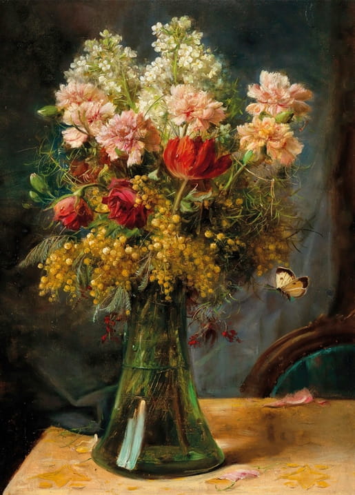 Still life painting by Hans Zatzka of tulips, carnations and mimosa in a glass vase with a butterfly