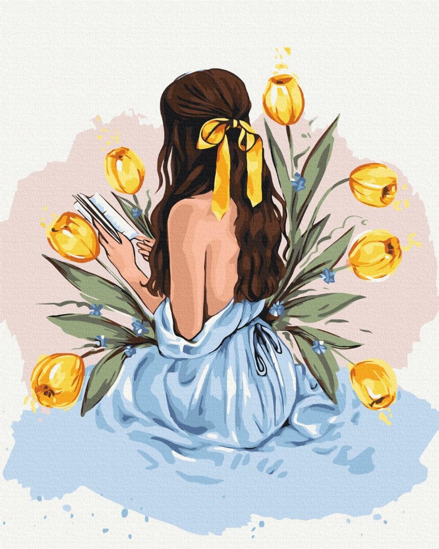 Frau von hinten beim Lesen inmitten goldener Tulpen, Malen-nach-Zahlen-Motiv