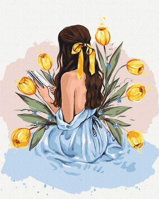Frau von hinten beim Lesen inmitten goldener Tulpen, Malen-nach-Zahlen-Motiv