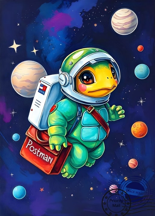 Illustrierte Schildkröte im Astronautenanzug liefert Post an bunten Planeten im Sternenhimmel vorbei