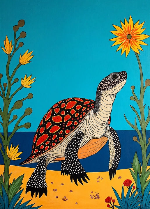Postkarte mit einer Schildkröte im Sand unter Sonnenblumen vor türkisfarbenem Himmel