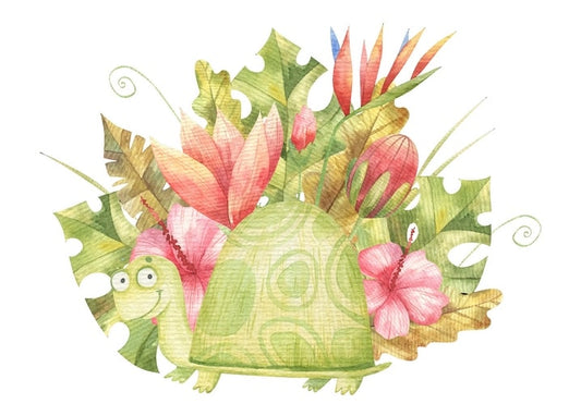 Smiling green turtle surrounded by tropical leaves and pink hibiscus flowers, watercolor illustration