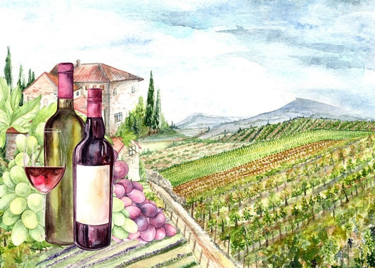 Watercolor painting of wine bottles and grapes before a Tuscan villa with vineyard rows and distant mountains