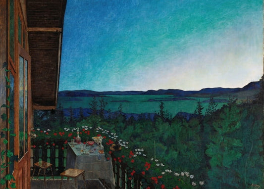 Wooden veranda overlooking a fjord at deep blue twilight, table set with glasses and roses along the railing