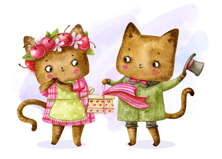 Watercolor cats: one with a flower crown gives a gift, the other holds a teapot