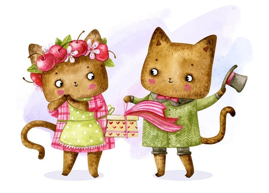 Watercolor cats: one with a flower crown gives a gift, the other holds a teapot
