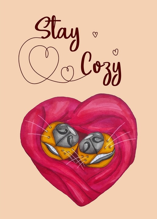 Watercolor postcard of two cats curled nose to nose forming a heart shape on a peach background.