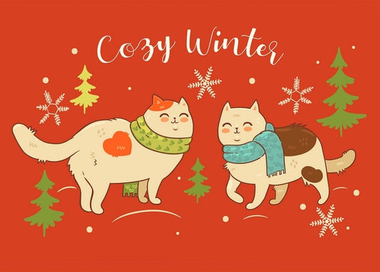Two cartoon cats in scarves walking among pine trees and snowflakes on red