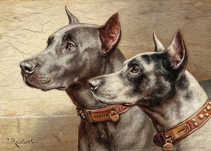 Oil painting of two dog heads in profile, one grey and one spotted, by Carl Reichert