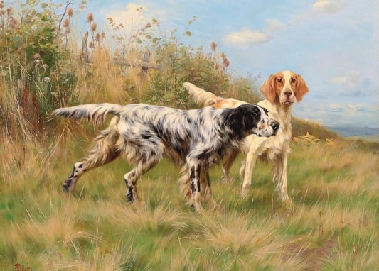 Gemälde von Thomas Blinks: zwei English Setter stehen im herbstlichen Feld