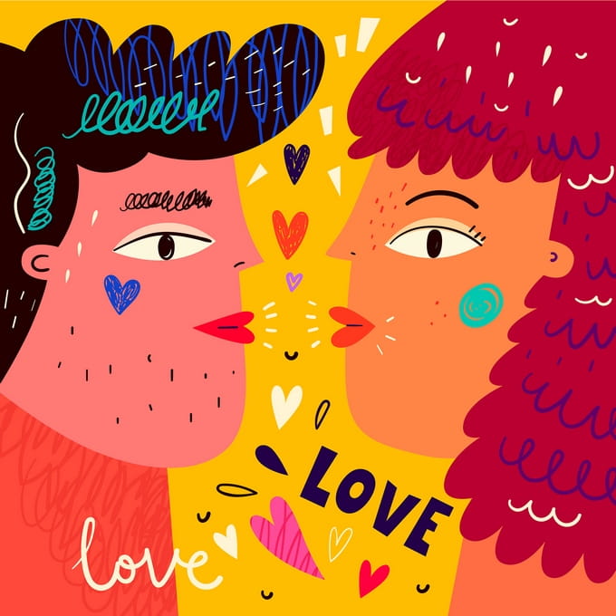 Illustrated postcard of two faces leaning in for a kiss surrounded by hearts and the word LOVE