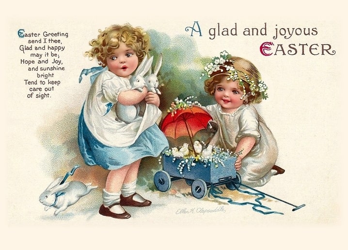 Zwei Mädchen mit Stoffhasen und einem Wagen voller Osterküken unter rotem Sonnenschirm, Illustration von Ellen H. Clapsaddle