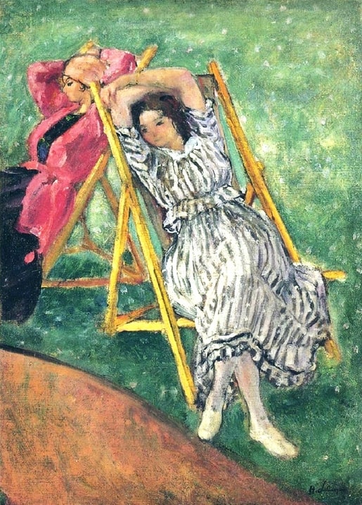 Henri Lebasque painting of two young women resting in yellow deck chairs on a lawn