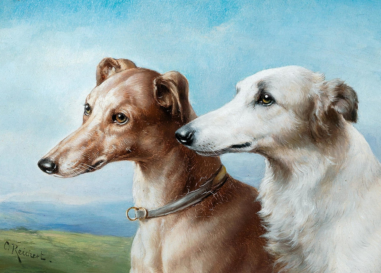 Brown greyhound and white long-haired hound face to face against a blue sky, painting by Carl Reichert