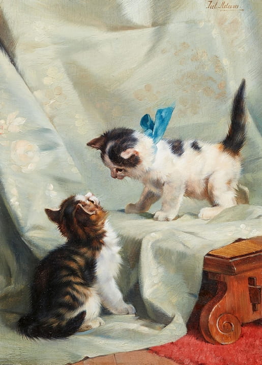 Painting of two kittens playing on pale green satin, one wearing a blue ribbon, by Julius Adam the Younger