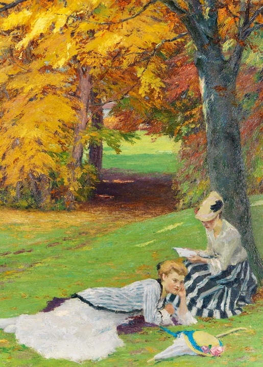 Zwei Frauen lesen unter goldenen Herbstbäumen, Gemälde von Edward Cucuel