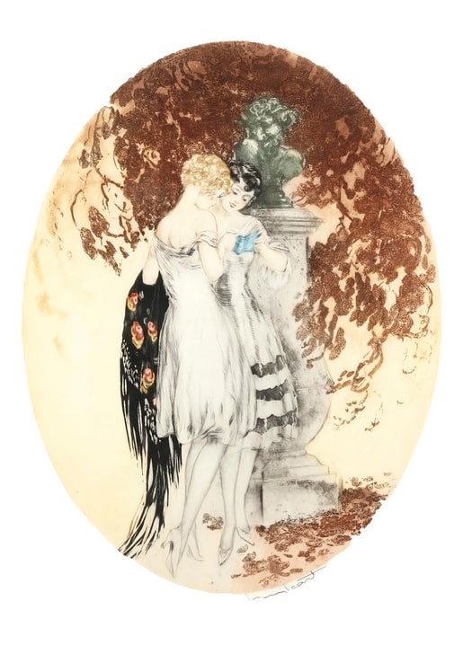 Hand-tinted etching of two women in autumn fashion beside a garden statue
