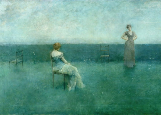 Two women in pale gowns in a hazy blue-green field, an empty chair between them, Tonalist painting