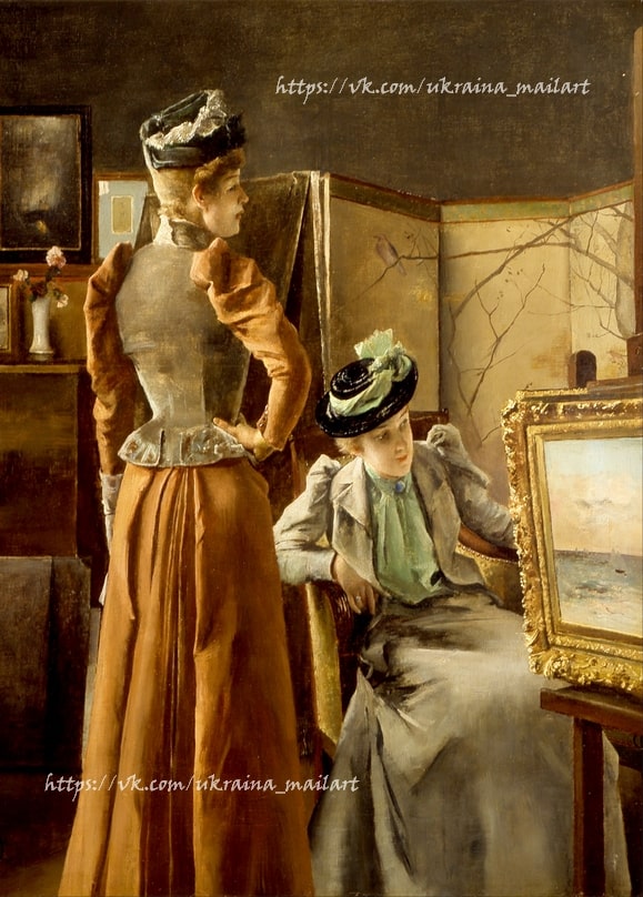 Gemälde von Alfred Stevens: zwei Frauen betrachten ein Seestück auf einer Staffelei