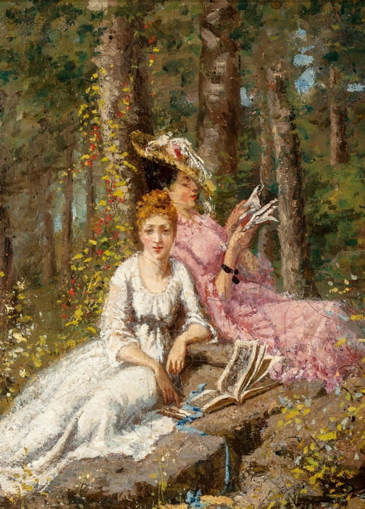 Painting by Henry Joseph Thouron of two women in Victorian dress reading a book together on a forest bench