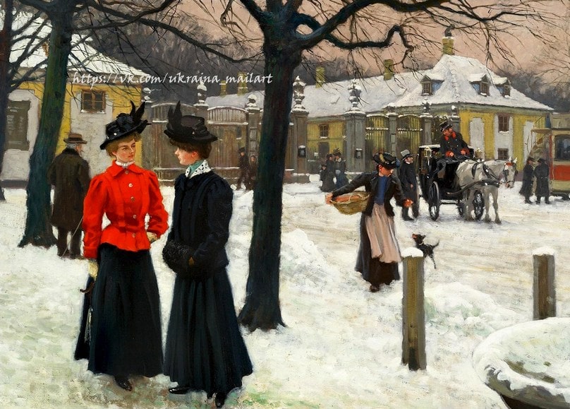 Painting of two women talking in a snowy park as a horse-drawn carriage passes