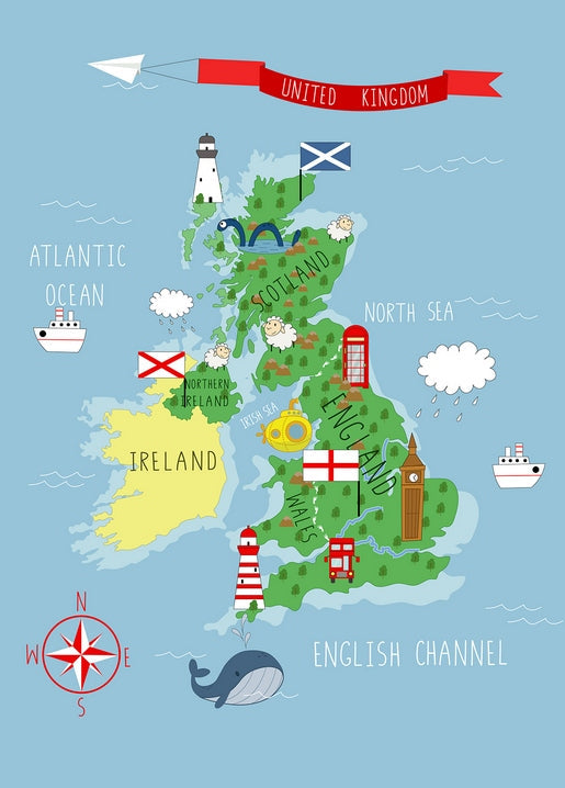 Illustrated map of the United Kingdom with Big Ben, Loch Ness monster, sheep, and a compass rose