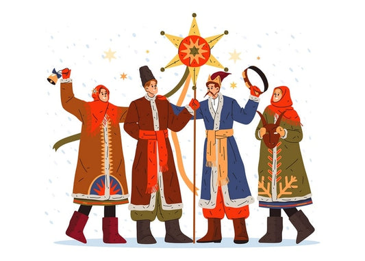 Vier ukrainische Sternsinger in Trachten tragen einen Stern auf einer Stange im Schnee