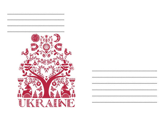 Rotes Lebensbaum-Motiv im Scherenschnitt-Stil mit Hirschen, Vögeln und dem Schriftzug Ukraine auf einem Umschlag