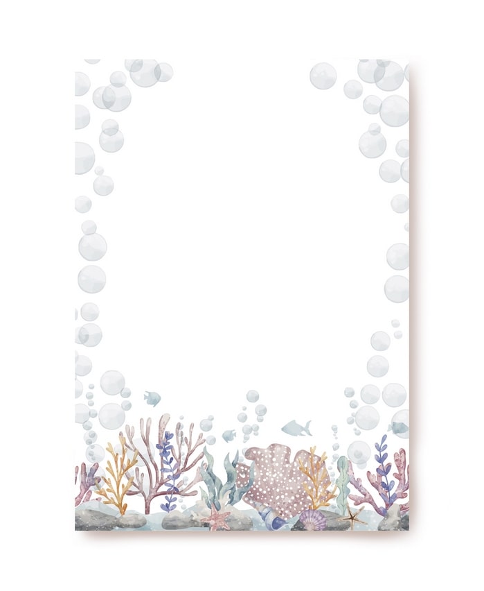 Letter paper with watercolor bubbles and a coral reef border with fish and seaweed