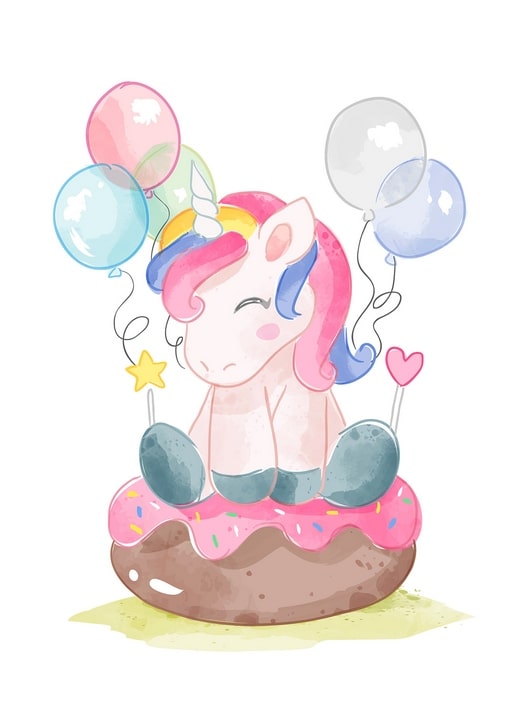 Watercolor unicorn sitting on a pink-frosted donut, surrounded by balloons, a star and a heart on sticks